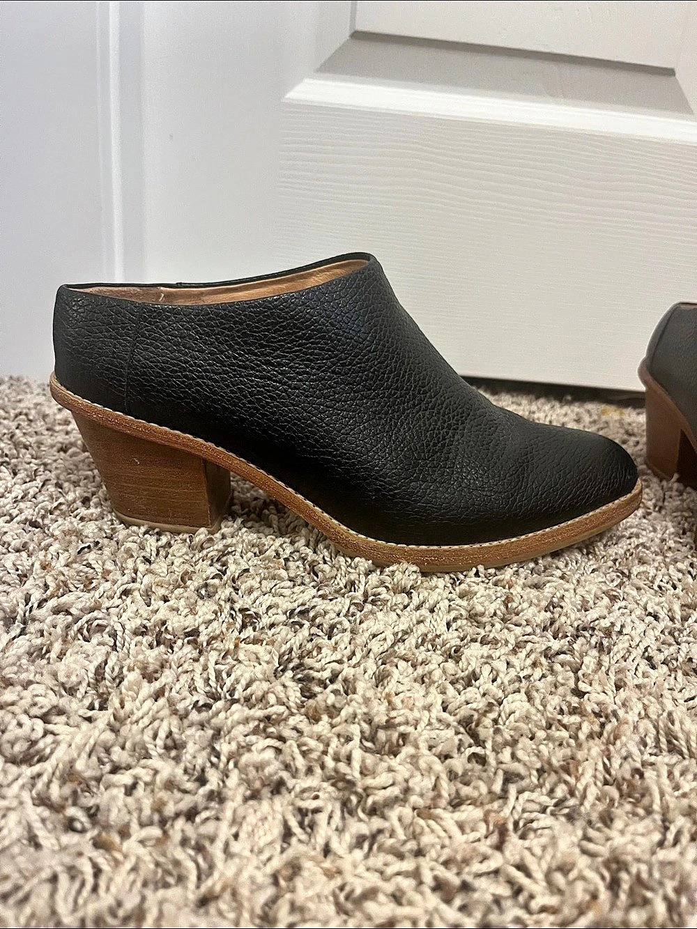 Poppy Barley ‘the heeled mule’ Black Mules with brown block heel